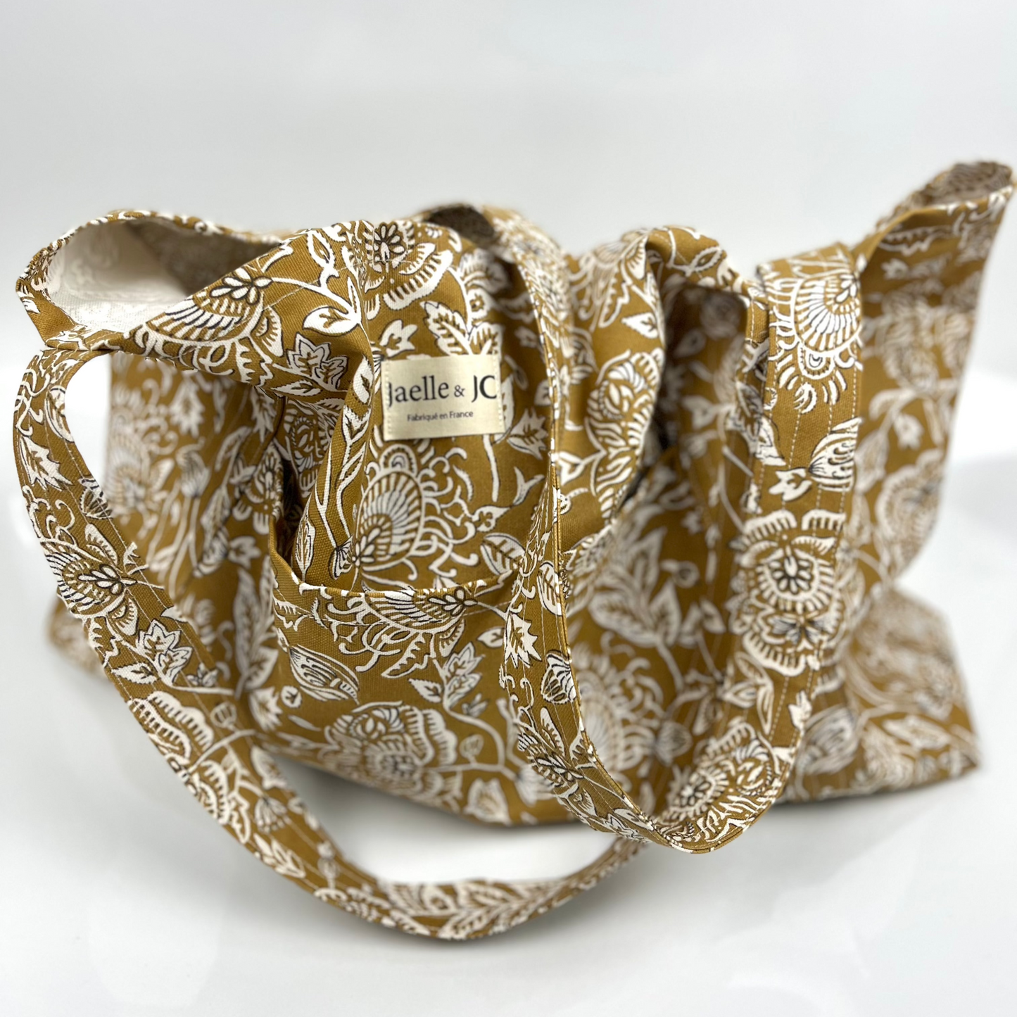 Cabas 100% coton - moutarde imprimé fleurs blanches