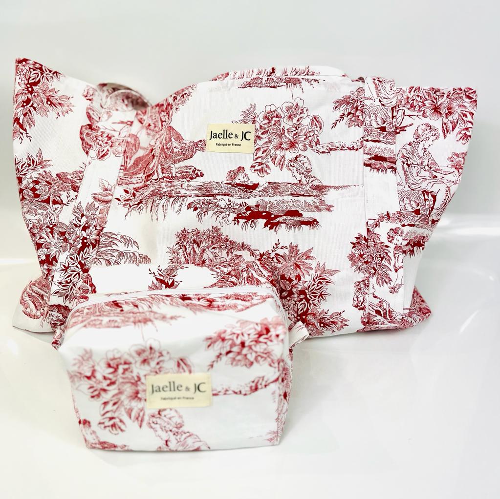 Coffret cabas + Trousse - Imprimé toile de Jouy - Rouge