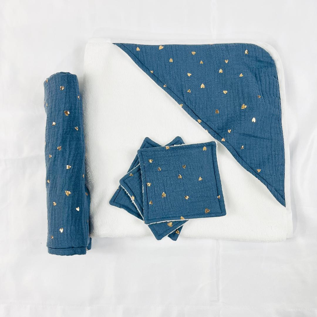 Coffret bébé - bleu coeurs dorés